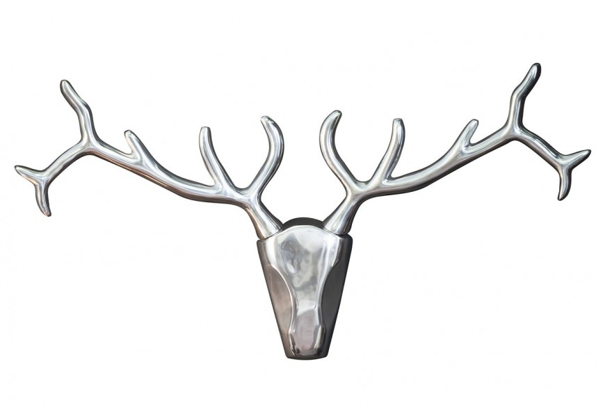 Glamour stylová nástěnná stříbrná chromová dekorace Deerhead s geometrickou hlavou a rozvětvenými parohy 90 cm