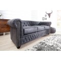 Luxusní chesterfield klasická kožená šedá třímístná čalouněná prošívaná sedačka Chesterfield Grau se zlatými nýty 200 cm