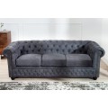Luxusní chesterfield klasická kožená šedá třímístná čalouněná prošívaná sedačka Chesterfield Grau se zlatými nýty 200 cm