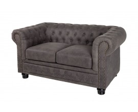 Luxusní chesterfield obdélníková dvoumístná čalouněná prošívaná šedá sedačka Chesterfield Grau se zlatými nýty 150 cm
