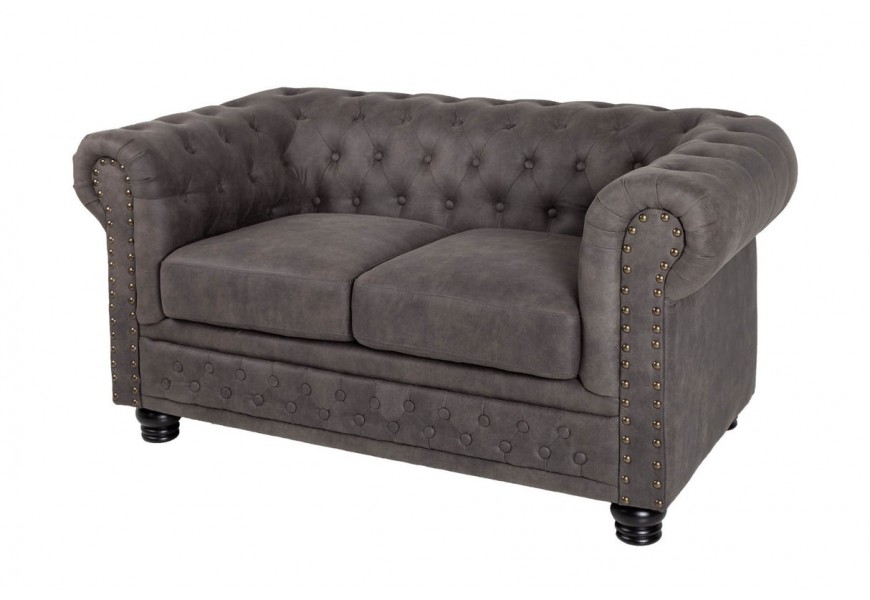 Luxusní chesterfield obdélníková dvoumístná čalouněná prošívaná šedá sedačka Chesterfield Grau se zlatými nýty 150 cm