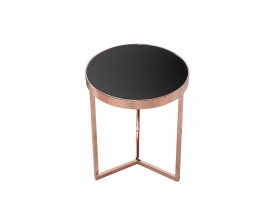 Art deco kulatý měděný kovový příruční stolek Lava s černou lesklou skleněnou deskou a tříramennou podstavou 50 cm