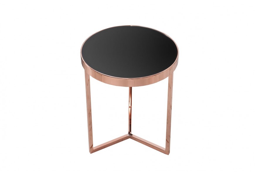 Art deco kulatý měděný kovový příruční stolek Lava s černou lesklou skleněnou deskou a tříramennou podstavou 50 cm