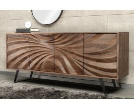 Masivní čokoládově hnědý čtyřdveřový příborník Viento s vyřezávaným dekorativním reliéfem se spirálovým designem 175 cm