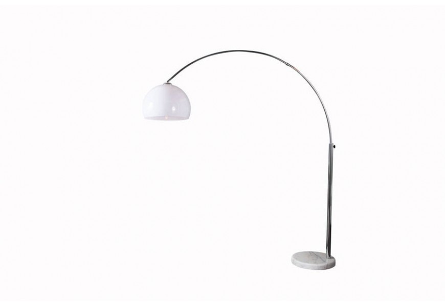 Designová polohovatelná oblouková moderní kovová stříbrná stojací lampa Big Bow s bílým akrylovým kulatým stínítkem 205 cm