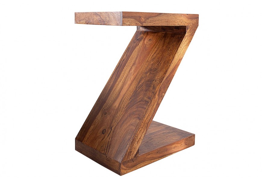 Designov&yacute; masivn&iacute; etno atypick&yacute; př&iacute;ručn&iacute; stolek Zet ve tvaru p&iacute;smene Z v hněd&eacute; barvě 45 cm