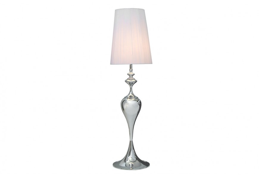 Glamour stříbrná stolní lampa Lucie s kulatým bílým stínítkem z nylonu a kovovou tvarovanou podstavou
