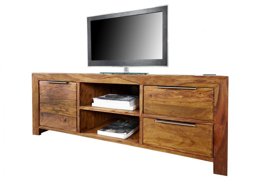 Moderní obdélníkový hnědý masivní TV stolek Massive ze sheeshamového dřeva s kovovými úchyty s úložným prostorem 135 cm