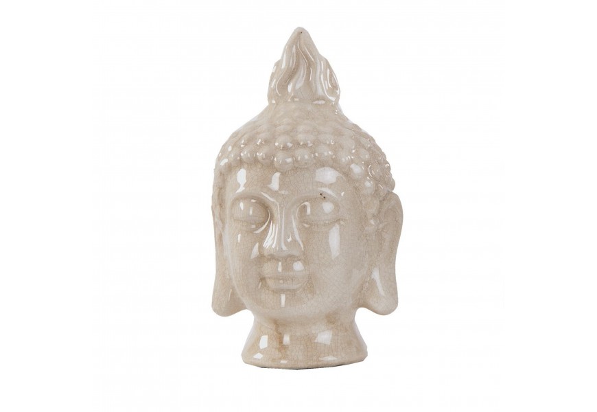Vintage orientální socha Buddha ve tvaru hlavy se zavřenýma očima a ozdobnou pokrývkou hlavy z keramiky v lesklém béžovém provedení se sibou starožitnou patinou