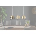 Designová moderní závěsná lampa Amaris s obdélníkovou krytinou a třemi kulatými stínítky zlatá 65 cm