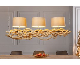 Designová závěsná lampa Hestia v přírodních odstínech ze dřeva s béžovými stínítky