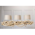 Venkovská závěsná lampa Hestia s dřevěnou konstrukcí přírodní hnědé barvy a se třemi lněnými stínítky 165cm