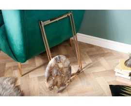 Art deco kulatý příruční stolek Jaspě se zlatou kovovou podstavou a odnímatelnou deskou z modrého achátu 61 cm