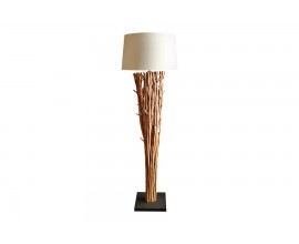 Etno stojící lampa Euphoria z naplavených větví s kulatým krémovým lněným stínítkem a černou čtvercovou podstavou 175 cm