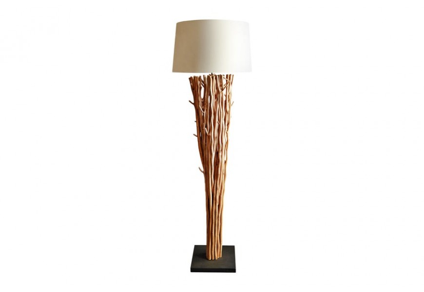 Etno stojící lampa Euphoria z naplavených větví s kulatým krémovým lněným stínítkem a černou čtvercovou podstavou 175 cm