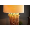 Etno stojící lampa Euphoria z naplavených větví s kulatým krémovým lněným stínítkem a černou čtvercovou podstavou 175 cm
