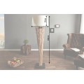 Etno stojící lampa Euphoria z naplavených větví s kulatým krémovým lněným stínítkem a černou čtvercovou podstavou 175 cm