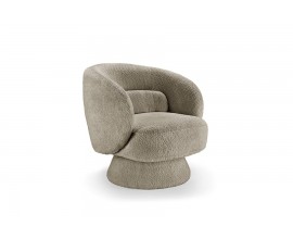 Designové křeslo Elian v taupu šedém odstínu s čalouněním a potahem z bouclé látky se zaobleným U opěradlem a otočnou kruhovou podstavou