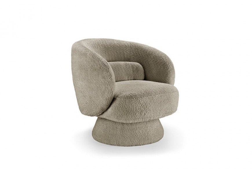 Designové křeslo Elian v taupu šedém odstínu s čalouněním a potahem z bouclé látky se zaobleným U opěradlem a otočnou kruhovou podstavou