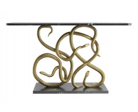 Art deco konzolový stolek Serpente s černou mramorovou deskou a základnou s bílými žilkami se zlatými kovovými hady vytvářejícími spirálové ornamenty