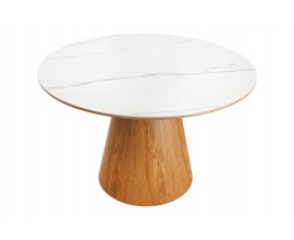 Art deco kulatý jídelní stůl Marmol Lignia s bílou mramorovou deskou a hnědou podstavou s dubovým designem 120 cm