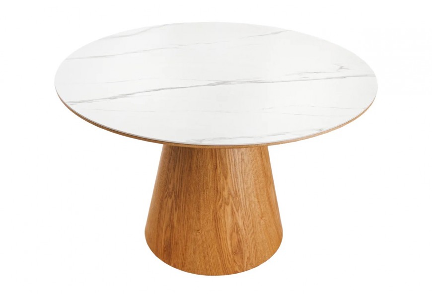 Art deco kulatý jídelní stůl Marmol Lignia s bílou mramorovou deskou a hnědou podstavou s dubovým designem 120 cm