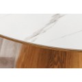 Art deco kulatý jídelní stůl Marmol Lignia s bílou mramorovou deskou a hnědou podstavou s dubovým designem 120 cm