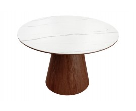 Art deco kulatý jídelní stůl Marmol Lignia s bílou mramorovou deskou a tmavě hnědou masivní kuželovou podstavou 120 cm