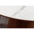 Art deco kulatý jídelní stůl Marmol Lignia s bílou mramorovou deskou a tmavě hnědou masivní kuželovou podstavou 120 cm