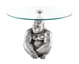 Art deco kulatý příruční stolek Tierra Glam se stříbrnou kovovou podstavou v podobě gorily a skleněnou deskou 60 cm