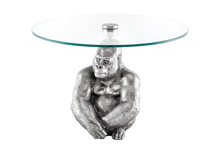 Art deco kulatý příruční stolek Tierra Glam se stříbrnou kovovou podstavou v podobě gorily a skleněnou deskou 60 cm
