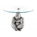 Art deco kulatý příruční stolek Tierra Glam se stříbrnou kovovou podstavou v podobě gorily a skleněnou deskou 60 cm