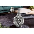 Art deco kulatý příruční stolek Tierra Glam se stříbrnou kovovou podstavou v podobě gorili a skleněnou deskou 60 cm