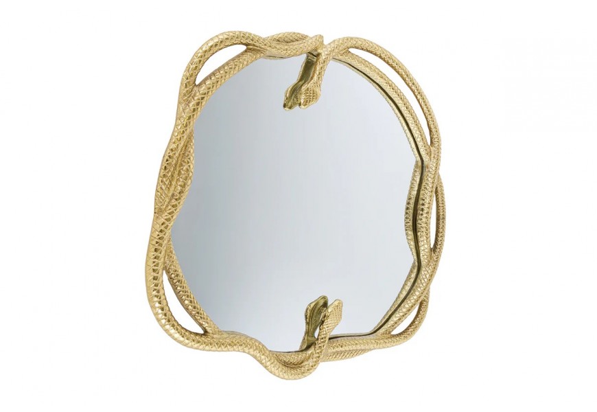 Art deco kulaté závěsné zrcadlo Serpente se zlatým kovovým rámem ve tvaru hadů 52 cm