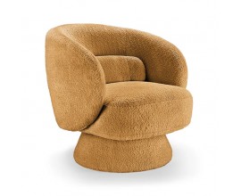 Art deco otočné křeslo Elian s čalouněním bouclé v hořčicově žluté barvě a kruhovou otočnou základnou 360 stupňů 76 cm