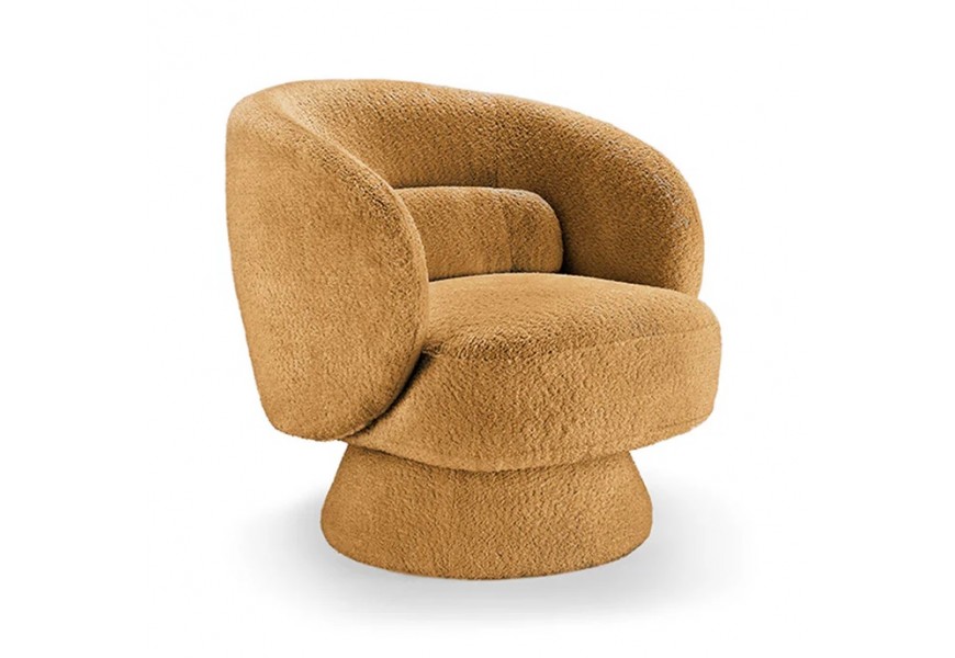Art deco otočné křeslo Elian s čalouněním bouclé v hořčicově žluté barvě a kruhovou otočnou základnou 360 stupňů 76 cm