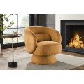 Art deco otočné křeslo Elian s čalouněním bouclé v hořčicově žluté barvě a kruhovou otočnou základnou 360 stupňů 76 cm