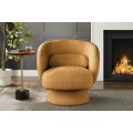 Art deco otočné křeslo Elian s čalouněním bouclé v hořčicově žluté barvě a kruhovou otočnou základnou 360 stupňů 76 cm