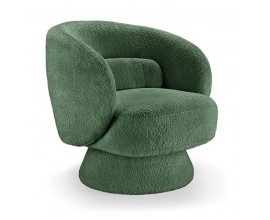 Art deco zelené křeslo Elian s měkkým potahem bouclé s otočnou základnou a zaobleným opěradlem pro pohodlné sezení s polštářem