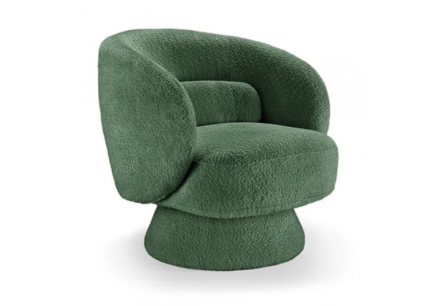 Art deco zelené křeslo Elian s měkkým potahem bouclé s otočnou základnou a zaobleným opěradlem pro pohodlné sezení s polštářem
