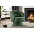 Art deco otočné křeslo Elian s čalouněním bouclé v tmavě zelené barvě a kruhovou kulatou základnou o 360 stupňů 76 cm