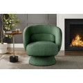 Art deco otočné křeslo Elian s čalouněním bouclé v tmavě zelené barvě a kruhovou kulatou základnou o 360 stupňů 76 cm