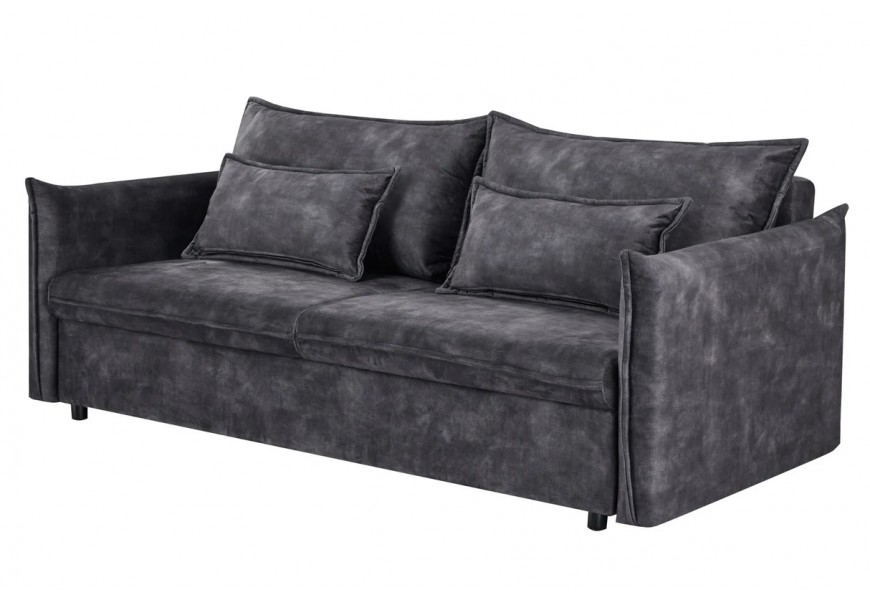 Designová třímístná sedačka Heaven se sametovým potahem v tmavě šedé barvě se dvěma polštáři s roztahovací funkcí a úložným prostorem