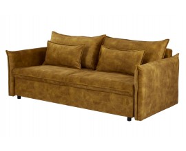 Designová hořčicově žlutá sametová sedačka Heaven s roztahovací funkcí a úložným prostorem se dvěma polštáři a ozdobným prošíváním na lemech