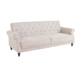 Chesterfield buklé béžová třímístná sedačka Maison Belle Affaire s rozkládací funkcí se zarolovanými opěrkami a hlubokým prošíváním s tmavě hnědými vyřezávanými dřevěnými nožičkami s kulatým profilem