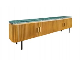 Art deco TV stolek Gatsby s bronzovým žebrovaným povrchem a zaoblenými rohy s vrchní zelenou mramorovou deskou Spider Green a černými kovovými nožičkami