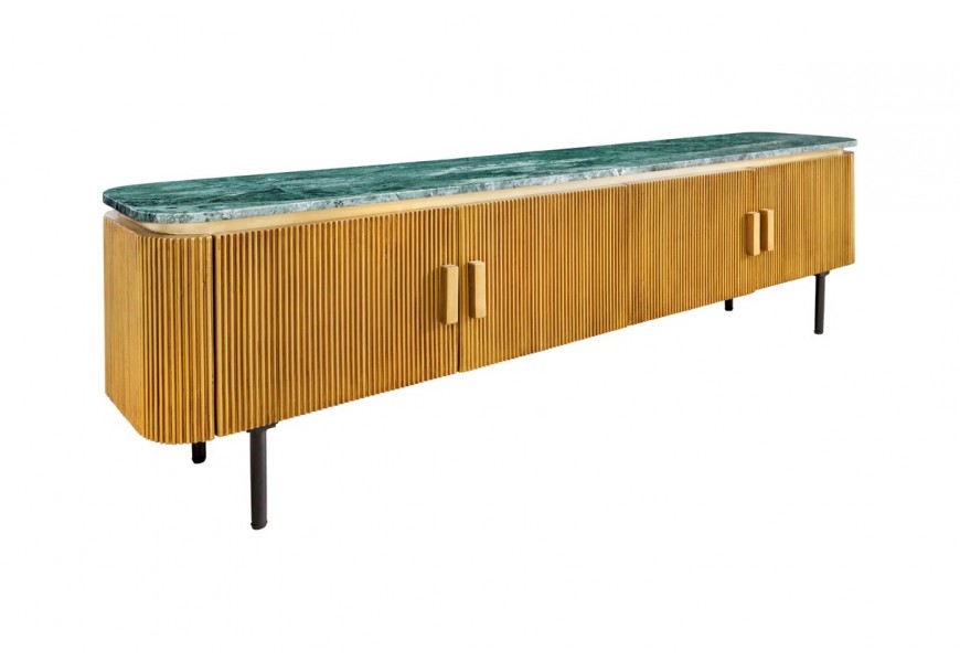 Art deco TV stolek Gatsby s bronzovým žebrovaným povrchem a zaoblenými rohy s vrchní zelenou mramorovou deskou Spider Green a černými kovovými nožičkami