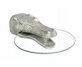 Glamour kulatý příruční stolek Crocodile se stříbrným kovovým držákem ve tvaru krokodýla a skleněnou deskou 61 cm