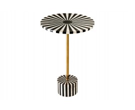 Art deco kulatý příruční stolek Hypnotique s černobílým vykládáním s intarzií a zlatou kovovou tyčí 55 cm