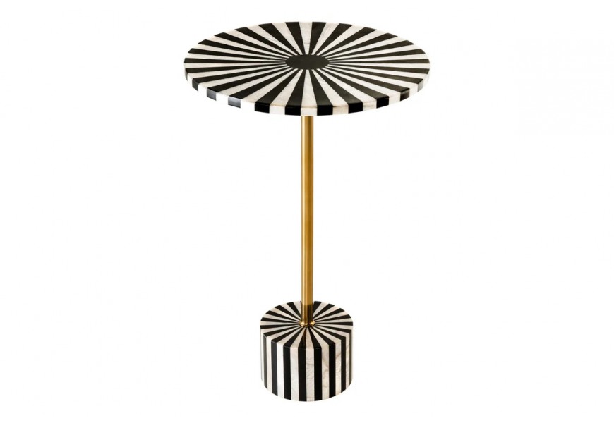 Art deco kulatý příruční stolek Hypnotique s černobílým vykládáním s intarzií a zlatou kovovou tyčí 55 cm
